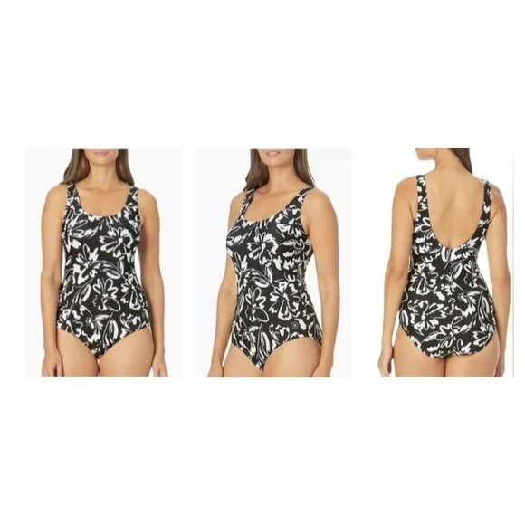 Hurley Swimsuit Small Petite SP Black White One Piece Floral Floral Beach Cruise - Picture 2 of 12